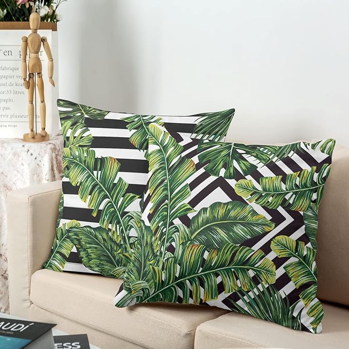 Set of 2 Tropical Green Leaves Pillow Covers Palm Tree Pillowcases Black and White with Geometric Decorative Throw Pillow Cover Kitchen Decor 22x22 Inch for Outdoors Car Couch
