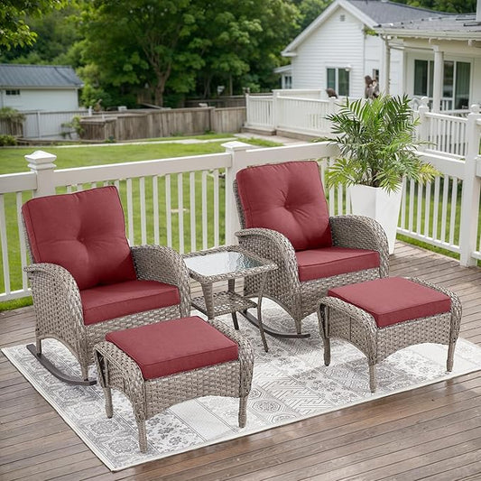 Belord 5 Piece Patio Rocking Chairs Furniture Set - Outdoor Wicker Furniture with Ottomans and Side Table, Rattan Conversation Bistro Set for Porch Balcony Backyard