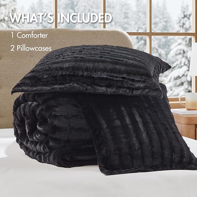 Madison Park Faux Fur Reversible Comforter Set, Down Alternative Filling, Modern Quilted Bedding with Matching Shams, King/California King, Black