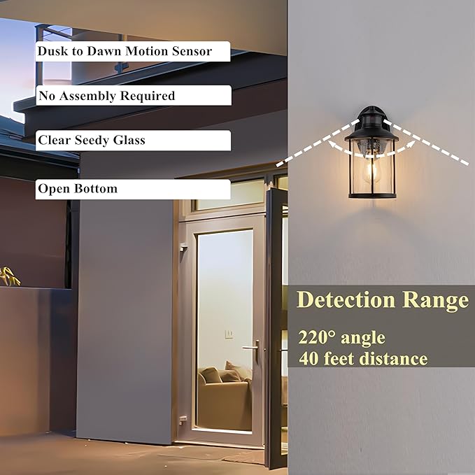 MICSIU 100W Max Motion Sensor Outdoor Wall Light, 3-Mode Dusk to Dawn Exterior Fixture, 1-Pack 11.5" Matte Black Anti-Rust Hardwired Security Sconce with Seedy Glass for Garage Porch Deck
