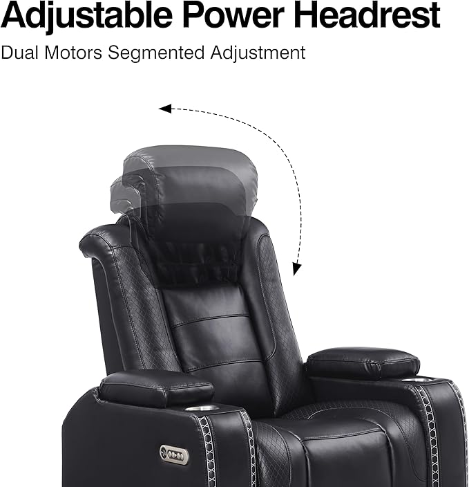 THSUPER Black Leather Power Recliner Loveseat with Arm Storage and Bluetooth Speaker, Theater Seating Leather Living Room Reclining Loveseat with Cup Holders and Wireless Charging. | Breathable material, LED ambient light, USB and Type-C port, In a box...