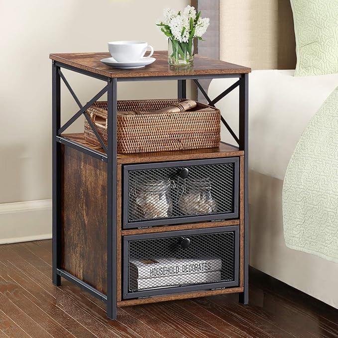 VECELO Nightstand Set of 2, End Table with Flip Drawer, Modern Night Stand for Bedroom,Living Room, Office, Easy Assembly, Light Brown