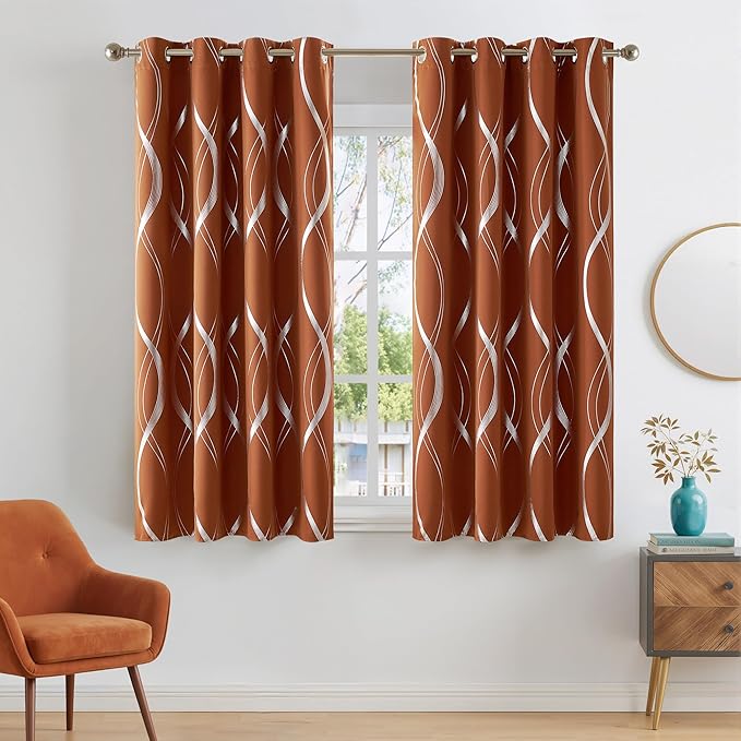 NICETOWN Burnt Orange Fall Blackout Curtain Panels for Cafe, W52 x L63 inch, Thermal Insulated Wave Line Foil Printed Design Drapes for Glass Window, 2 Panels