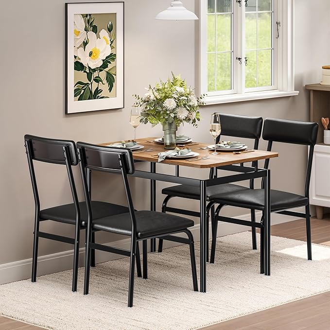 Garvee 5 Piece Dining Table Set, Wooden Kitchen Table Set with 4 PU Upholstered Chair, Industrial Metal Frame Dinette Set for Dining Room, Home Dinner, Party, Apartment, Studio, Black