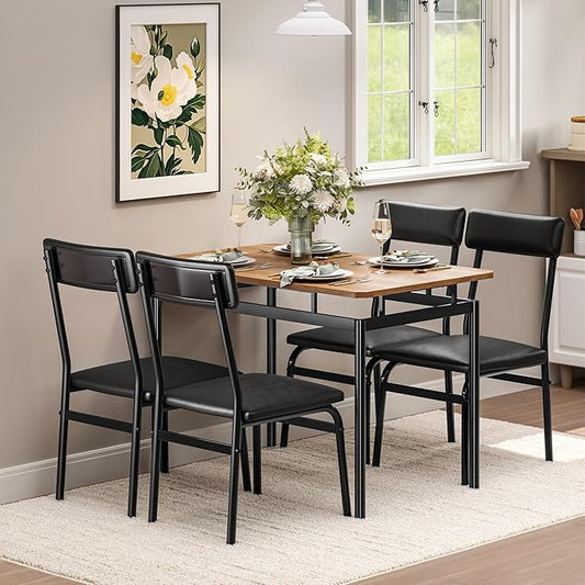 Garvee 5 Piece Dining Table Set, Wooden Kitchen Table Set with 4 PU Upholstered Chair, Industrial Metal Frame Dinette Set for Dining Room, Home Dinner, Party, Apartment, Studio, Black