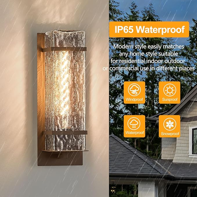 Brown Outdoor Wall Light, 13.4in Exterior Waterproof Lanterns,Porch Sconces Wall Mounted Lighting with E26 Sockets & Textured Glass Shades, for Garage,Doorway,Patio,Front Door