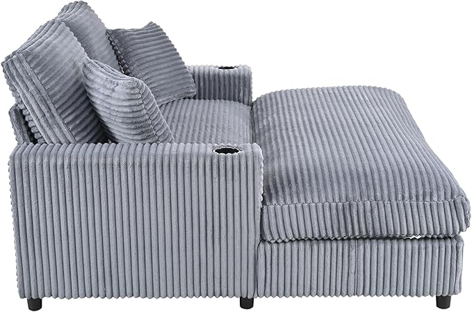 Eafurn 64" Oversized Chaise Lounge Chair Indoor, Plush Corduroy Upholstered Sofa Bed with Pillows & 2 Cup Holders, Extra Wide Deep Seat Sleeper Couch Recliner Chair for Living Room | Removable Cushions, Wooden Frame, Solid Legs
