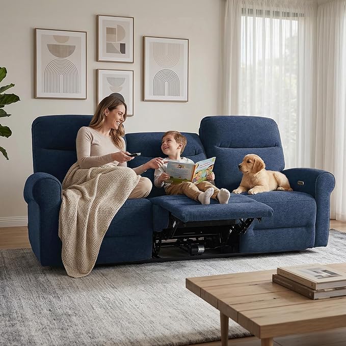 MCombo 87.8" Wall Hugger Power Reclining Sofa, 3-Seat Triple Recliner Couch with USB Ports, Rolled Arm Space Saving Recliner Sofa for Living Rooms Apartments RV, Fabric PR635M5 (Navy Blue) | 1.4" Wall Clearance