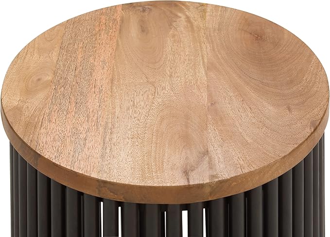 SIMPLIHOME Demy Metal and Wood Accent Table - 18 inch Wide Solid Metal Round End Table in Natural and Black, Industrial Side Table or Coffee Table for Living Room with Compact Design, Assembled | Side Table, Industrial Style, Assembled