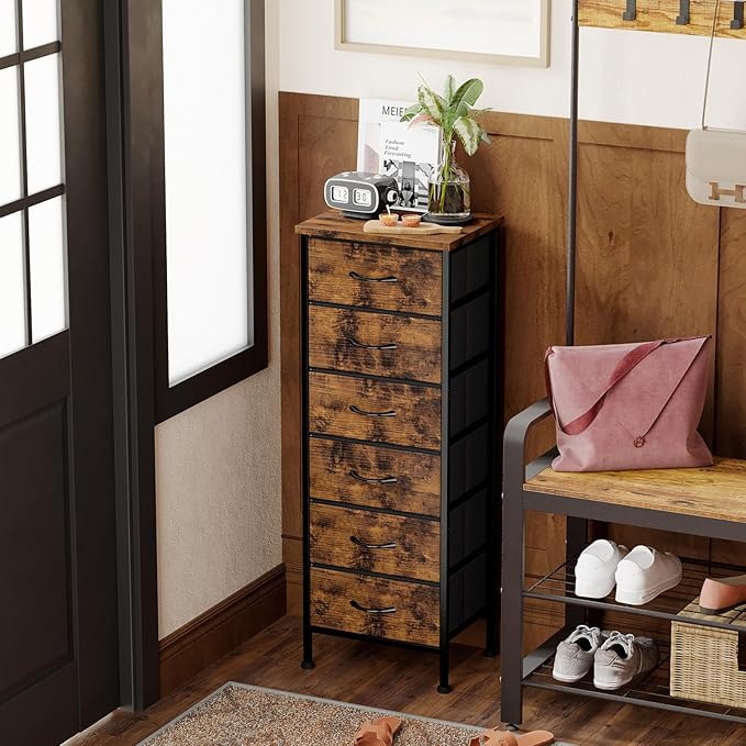 Fixwal Tall Dresser for Bedroom Closet Organizers and Storage Tall Fabric Dresser with 6 Drawers, Small Clothes Storage Girl Bedroom Furniture, Rustic Brown