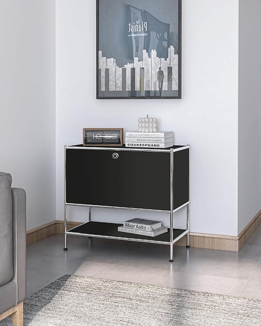 Metal Sidetable with Flap Door, 27.5" Height - DIY Modern Furnishing for Home, Office, Foyer, Bedroom - Night Stand, Book Shelf, Bookshelf, Cube Storage Organizer, Bedside Table (Black)