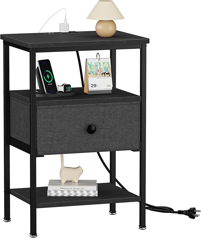 VECELO Side Tables with Charging Station,Nightstand with Storage Shelf&Fabric Drawer,Bedside Tables for Bedroom,Living Room,Small Spaces,Black