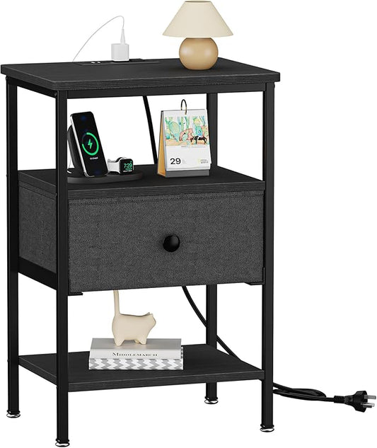 VECELO Side Tables with Charging Station,Nightstand with Storage Shelf&Fabric Drawer,Bedside Tables for Bedroom,Living Room,Small Spaces,Black