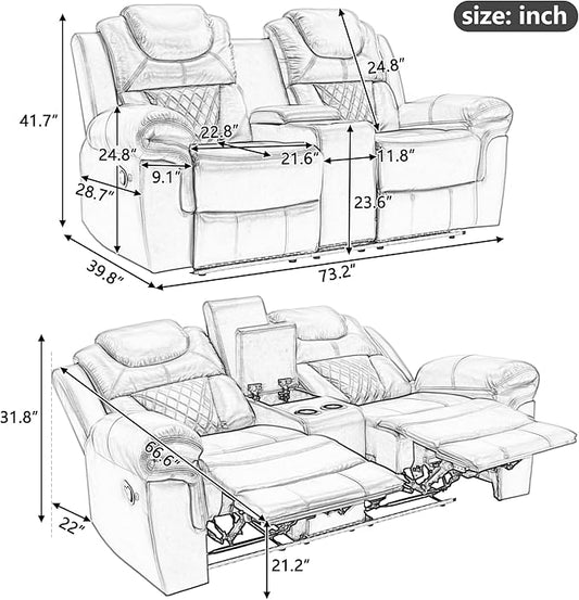 ERYE 73-Inch Oversized Manual Reclining Sofa with LED Strip and Cupholders for Living Room Home Theater, Multifunctional Faux Leather Loveseat Manual Recliner Couches | Storage Console, Cup Holder, LED Light Strips