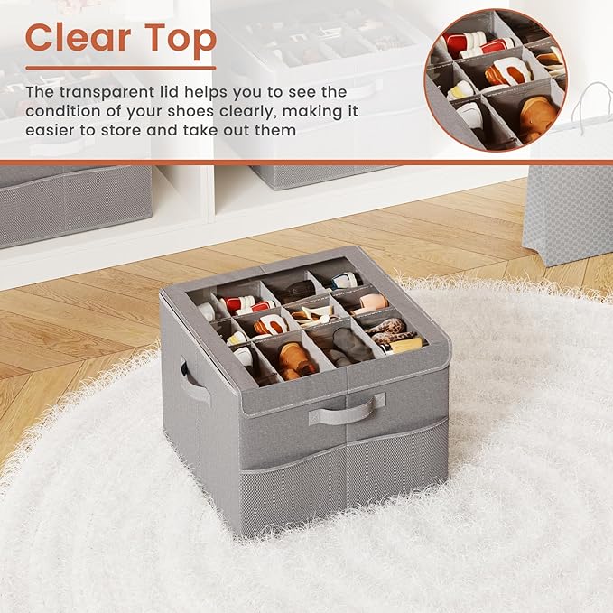 PHINOX Shoe Organizer for Closet, Fits 12-24 Pairs, Shoe Storage Bins with Clear Cover and Reinforced Handles, Foldable Shoe Storage Organizer, Space Saving Shoe Holder for Wardrobe, 1 Pack Gray