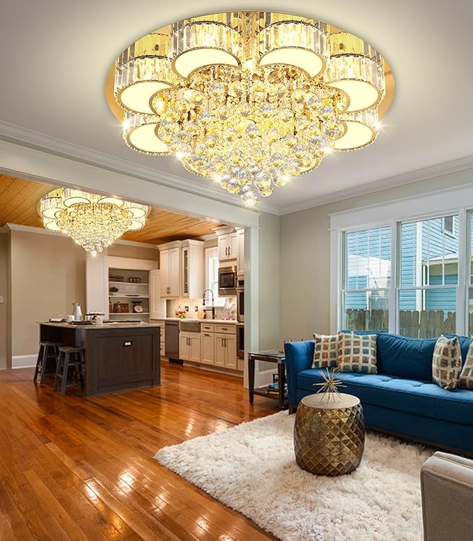 31.4'' Gold Modern Crystal Chandeliers for Dining Room LED Dimmable Light Fixtures Flush Mount Light Living Room Bedrooms