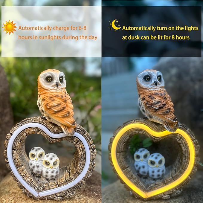 Solar Garden Owl Statue with Love Heart Light, Outdoor Decor for Yard Art Lawn Ornaments Porch Patio Balcony Home for Grandma Mom Women, with Dual Solar Panels Warm Garden Light