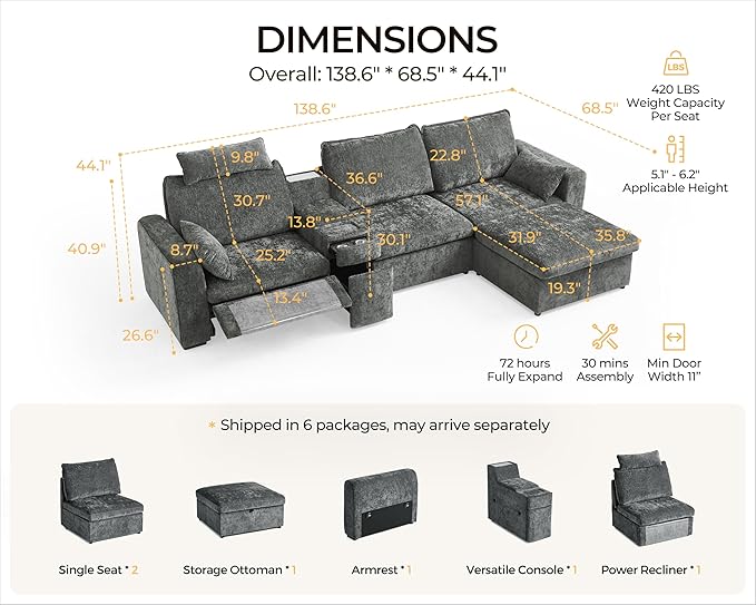 138.6'' Oversized Power Recliner Sofa with Headrest, Modular Cloud Sectional Couch with Convertible Table, Charging, Drawer, Cup Holder, 4-Seater with Storage Ottoman, Chenille, Grey