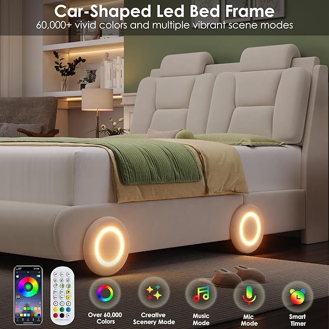 Keyluv Queen Led Car Bed Frame with Wheels Decor & Adjustable Curved Headboard Modern Upholstered Platform Bed with Detachable Pillows Solid Wooden Slats Support No Box Spring Needed, Velvet Beige