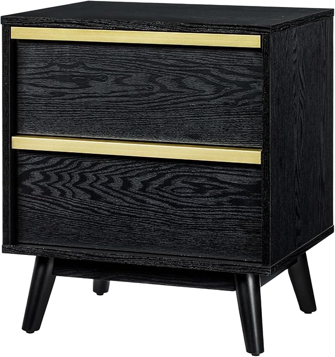 SANGO Cortland 2-Drawer Nightstand, Modern Black Wood Bedside Table with Brass Handle, Wooden Legs, Sleek Mid-Century Design, Elegant Storage for Contemporary Homes