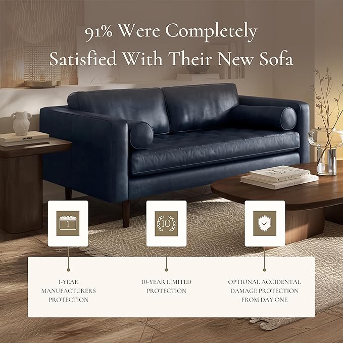 Poly & BARK Napa 72" Leather Sofa – Full-Grain Italian-Tanned Aniline Leather, Feather-Down Comfort, Solid Wood Frame, Walnut Legs, Midnight Blue