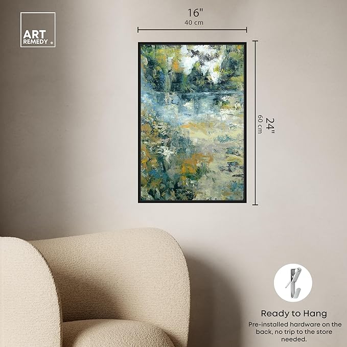 Art Remedy Green Moss Monet Garden Green Abstract Canvas Wall Art, Black Floater Frame, 16"x24"