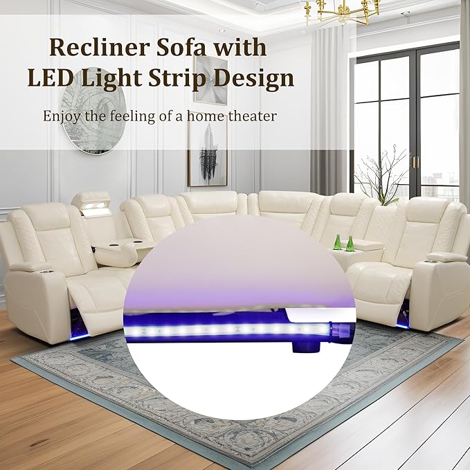 Air Leather Recliner Sectional Sofa Set, Power Reclining Sectional Couch for Living Room, L Shaped Recliner Corner Couch and Single Chair with LED Lighting, USB Port&Storage (Cream White Pro)