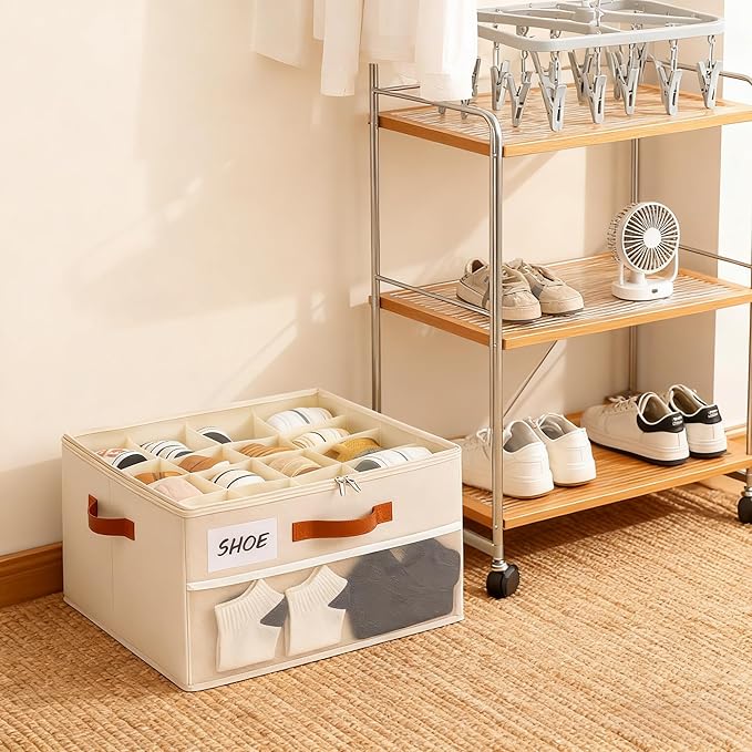 Shoe Organizer for Closet, Shoe Storage Box, Foldable Shoe Box with Adjustable Dividers and Clear Cover, Closet Shoe Organizer Fits up to 16-32 Pairs, Extra Storage Pocket for Socks (2 Pack)