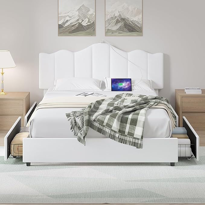 VECELO Full Size Platform Bed Frame with Type-C & USB Charging Stations/4 Storage Drawers, Upholstered Adjustable Headboard, Strong Wooden Slats Support, No Box Spring Needed, Easy Assembly