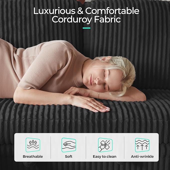 LINSY HOME Sectional Sleeper Sofa with Pull Out Couch Bed - Convertible Plush Corduroy Cloud Couches with Storage Chaise & USB Charging, Comfy Modular Couch for Living Room, Black