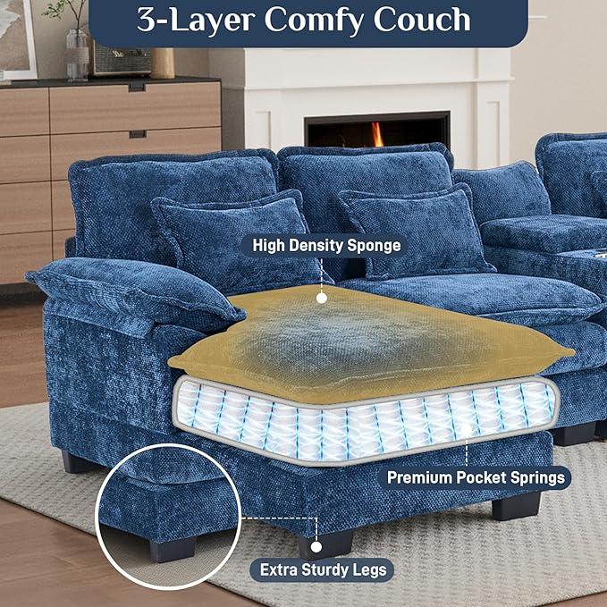 133" Oversized U Shaped Cloud Couch Modular Sectional Couches for Living Room Comfy Chenille Deep Seat Sofa Set with Double Chaise Lounge, Storage Central Console, Cup Holders, USB Port, Blue
