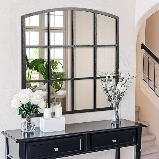 Hand-Forged Black Window Pane Mirror, 36 Inch Wide Window Mirror, Metal Frame Arched Decorative Mirrors, Antique Grid Wall Mirrors for Living Room, Bedroom, Entryway