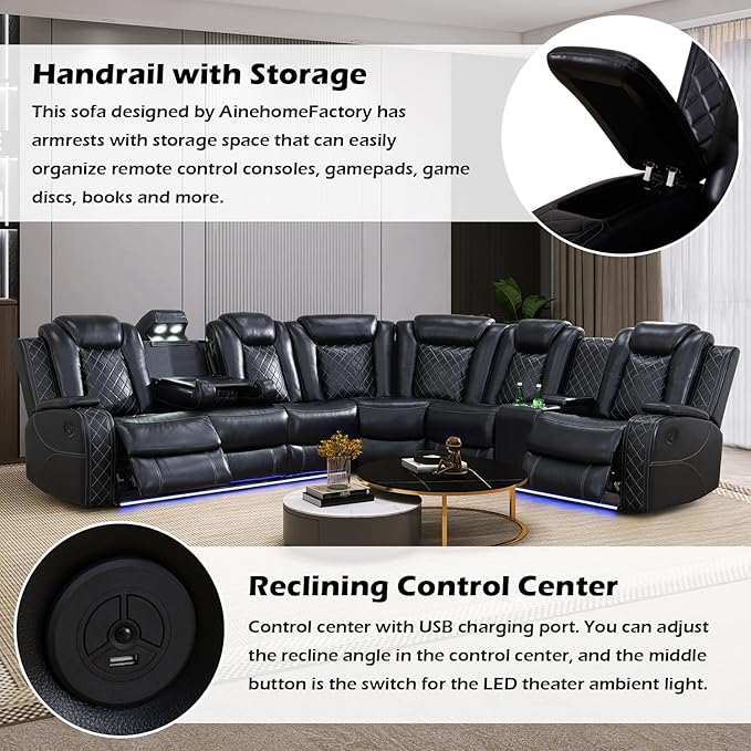 Power Reclinier Sectional Sofa Set,Black Leather Reclining Sectional Modular Sofa Set with Loveseat,L Shaped Leather Couch with LED Light for Living Room/House/Apartment/Lounge(L+Loveseat)