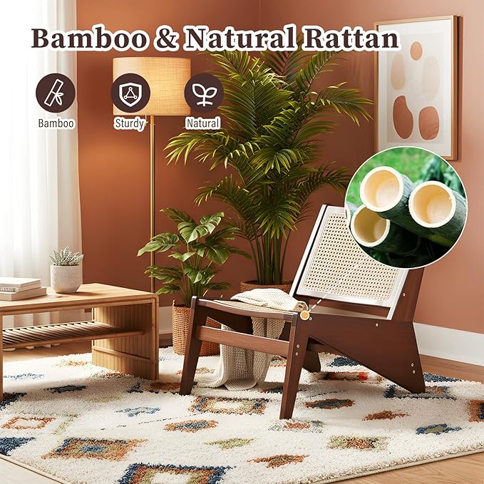 Mid-Century Accent Chair, Rattan Lounge Chair for Living Room, Boho Side Corner Comfy Chair for Bedroom and Balcony, Walnut