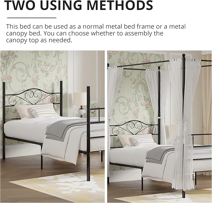 VECELO Twin Canopy Bed Frame with Headboard and Footboard, Metal Four Posters Design, Mattress Foundation Platform with Steel Slats Support, Underbed Storage Space, No Box Spring Needed, Black