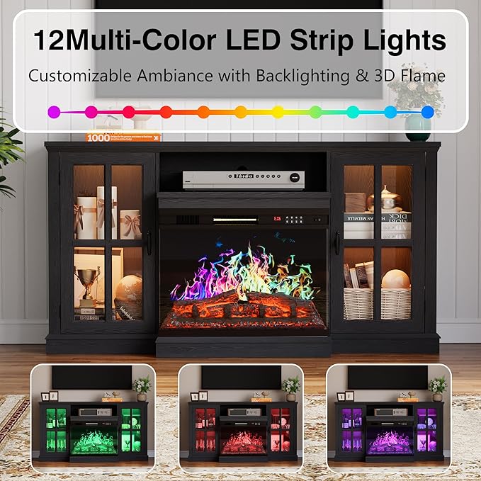 YESHOMY Glass Fireplace TV Stand for Televisions up to 65", Media Entertainment Center Console Table with Led Lights, Black