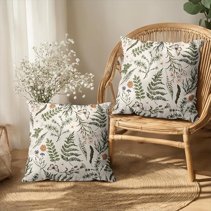 Sage Green Leaves Pillow Covers 18x18 Set of 2 Spring Botanical Fern Leaf Outdoor Decorative Pillow Cases Summer Farmhouse Wildflower Floral Cushion Covers for Couch Sofa Porch Decor