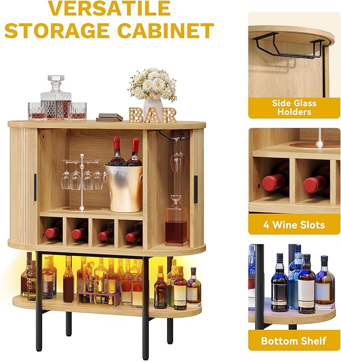 DWVO Bar Cabinet with LED Lights, Oval-Shaped Wine Bar Table with 2 Glass Holders, 4 Wine Racks, Open Shelf, Fluted Coffee Bar Liquor Cabinet for Home, Kitchen, Living Room, Natural Oak