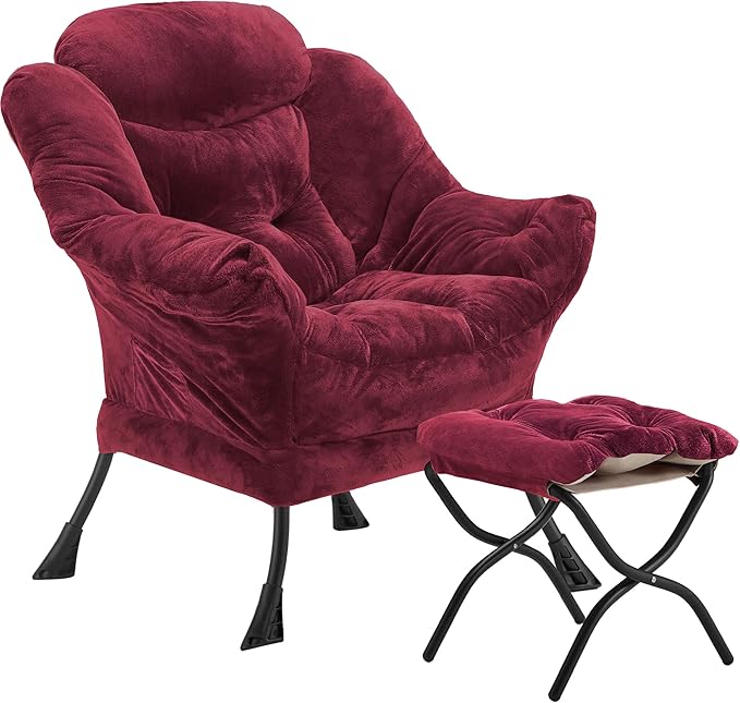 Lazy Chair with Folding Ottoman, Accent Chair Plush Upholstered with Metal Structure and Non-Slip Pads, Sofa Armchair with Footrest and Side Storage Bag for Dorm, Room, Office, Rose Red