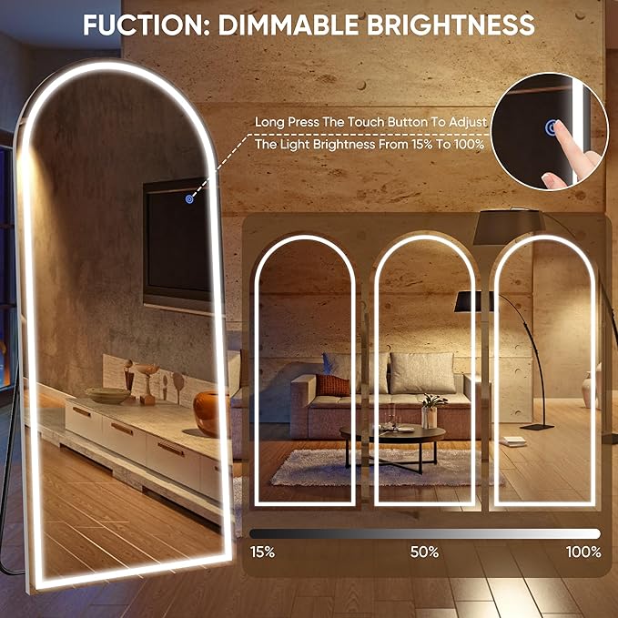 Antok LED Full Length Mirror with Light, 59"x22" Lighted Full Body Mirror with Stand, Dimmable & 3 Color Lighting Standing/Leaning/Wall Mounted Vanity Mirror for Bedroom Cloakroom Livingroom(Arched)