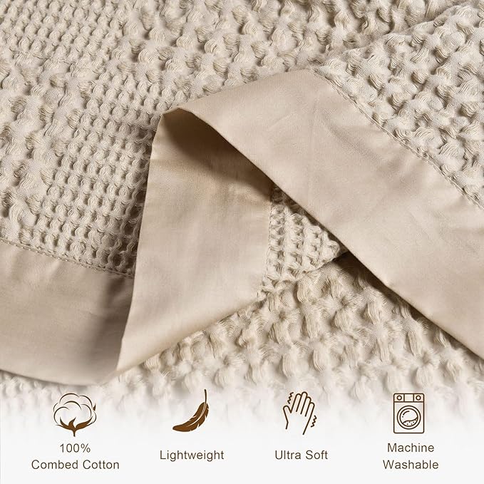 meadow park Cotton Waffle Blanket with Cotton Sateen Binding - King Size - Lightweight and Breathable - Washed Waffle Throw - Taupe Color.