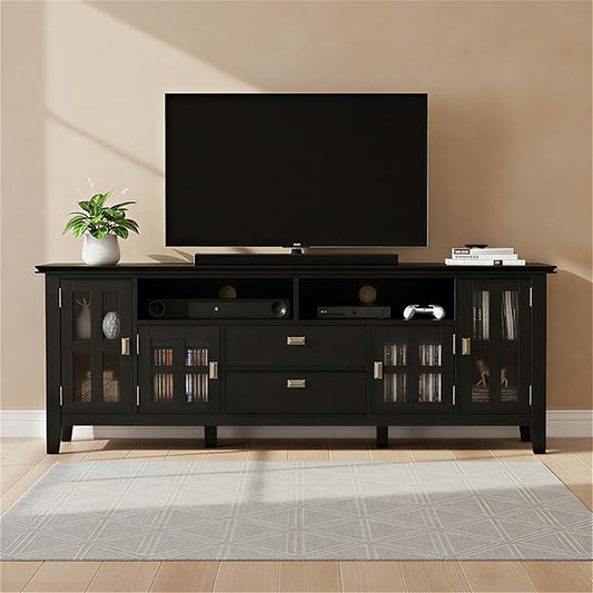 SIMPLIHOME Artisan SOLID WOOD 72 Inch Wide Transitional TV Media Stand in Black for TVs up to 80 Inches, For the Living Room and Entertainment Center
