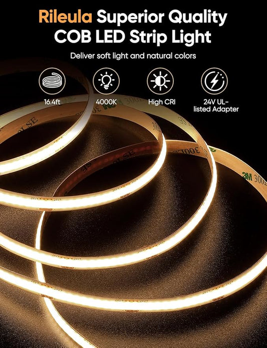 COB LED Strip Lights 4000K Natural White Music Sync Bluetooth LED Lights with DC24V Adapter Remote Smart App Control 16.4ft/5m CRI90+ Touchable LED Rope Lights for Bedroom Kitchen DIY Decor