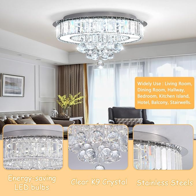 19.6'' Silver Modern Crystal Chandeliers for Dining Room LED Dimmable Light Fixtures Flush Mount Light Living Room Bedrooms