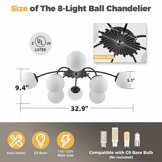 8-Light Milk Glass Pendant Light, 33" Sputnik Bubble Glass Chandelier Light Fixture, Hand Blown Semi Flush Mount Ceiling Chandeliers Lighting for Dining Room, Living Room (Black, 8-Light Ceiling)