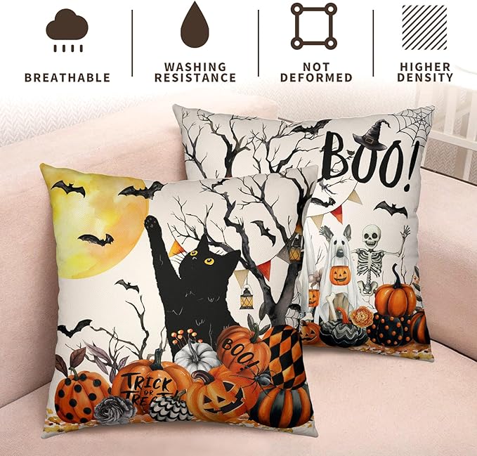 Halloween Outdoor Pillow Covers 18x18 Set of 2 Black Cat Pumpkin Moon Bat Throw Pillow Cases Ghost Spooky Boo Dog Skull Pillowcase Fall Holiday Decor for Home Sofa Couch
