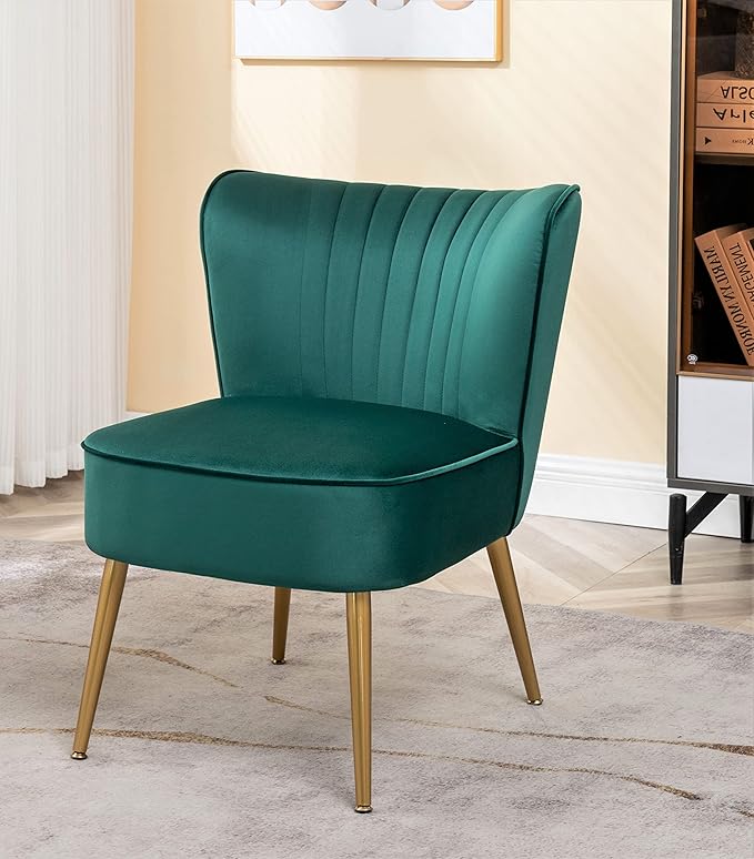 Modern Velvet Accent Chair for Living Room, Bedroom, or Entryway, Stylish and Comfortable Armless Design with Metal Legs, Green