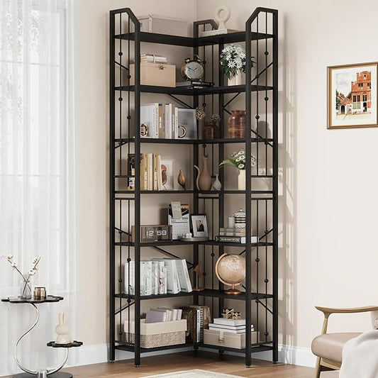 GarveeHome Corner Bookshelf 86" l Shaped Bookcase, Corner Bookshelves Black Bookcase 7 Tier l-Shape Bookshelf, Large Bookcases with Beaded Design Tall Display Rack Shelf for Living Room Bedroom