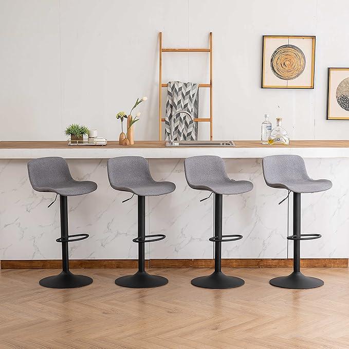 YOUTASTE Fabric Grey Bar Stools Set of 2, Modern Upholstered Counter Height Barstools, Adjustable Swivel Bar Stool with Black Metal Legs, Breakfast Bar Chairs for Kitchen Island Home Bistro