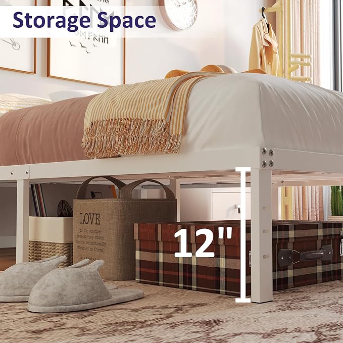 14 Inch Queen Bed Frame No Box Spring Needed, Heavy Duty Metal Bed Frame Queen Size with Large Underbed Storage Space, Noise Free, Easy Assembly, White